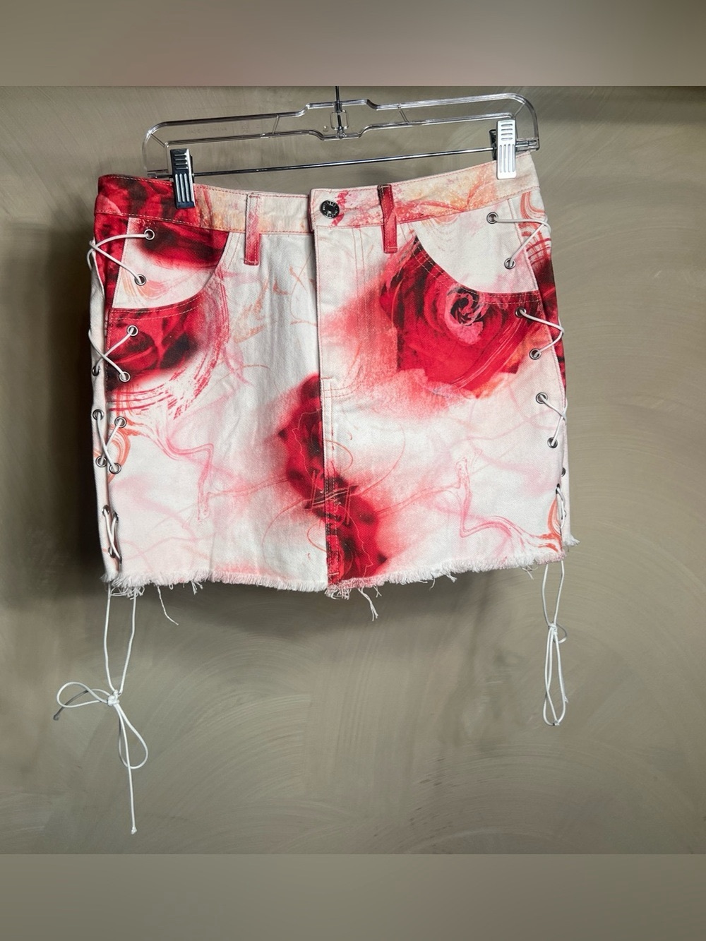 Red Rose Print Lace-Up Denim Mini Skirt